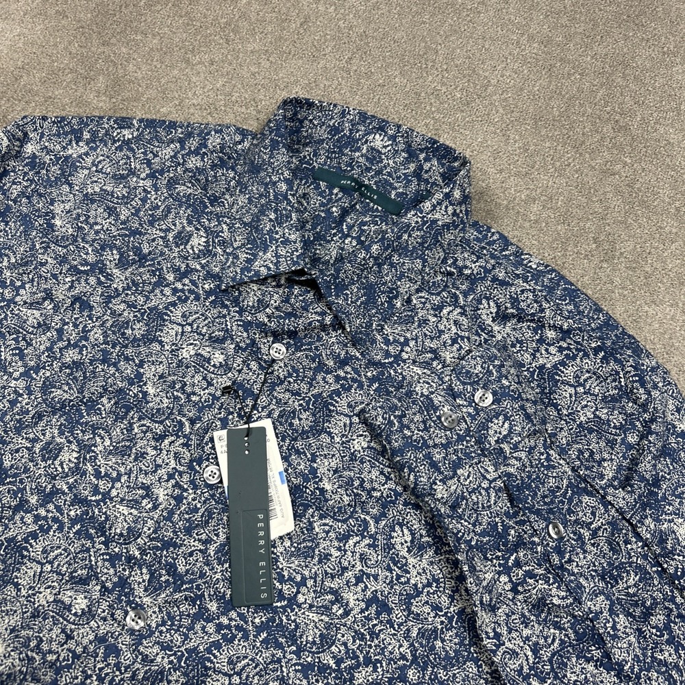 NEW Perry Ellis Shirt Mens XL Blue Abstract Button Up Long Sleeve Cotton Paisley